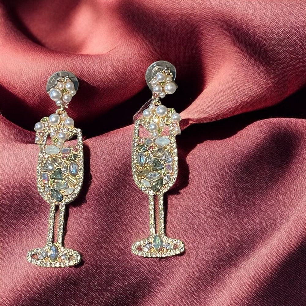 Champagne Bottle Elegant Crystal and Pearl Drop Earrings